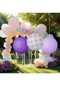 Resim 25 Cm 3'lü Mor Tonları Japon Feneri Seti Puantiyeli Lila Mor Parti Dekoru Diğer 