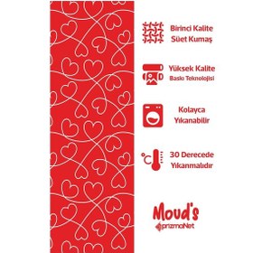 Resim Kırmızı Kalpler Desenli Baskılı Süet Runner Masa Örtüsü 