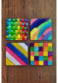 Resim Doğal Taş Bardak Altlığı Renkli Desenler Baskılı 4'lü Set Çok Renkli 