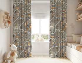 Resim Halı Vagonu HV255 Gri Şehir Temalı Desen Çocuk Odası Kadife Kumaş Fon Perde - 70x200 / Tek Kanat 