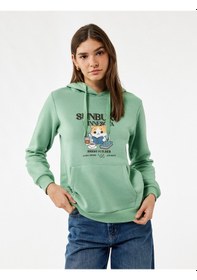 Resim Koton Kanguru Cep Detaylı Şardonlu Kedi Baskılı Kapüşonlu Sweatshirt Mınt 6wal10128ık Mint 