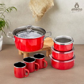 Resim Amboss Crispella Morning 12 Parça Emaye Tencere Saklama Kabı Kupa Seti-Kırmızı 