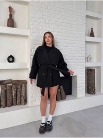 Resim VESS MODA Kadın Kemer Detaylı Kısa Trençkot Siyah 