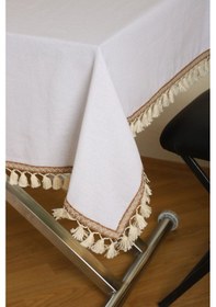 Resim Dnc Home Tekstil Beyaz Pamuk Keten Şerit Ponponlu Masa Örtüsü Beyaz 