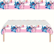 Resim Stitch & Angel Tek Kullanımlık Plastik Masa Örtüsü - Balonlar ve Pastel Detaylarla Renkli Karikatür Tasarımı, Doğum Günleri, Tatil Kutlamaları, Ev ve Piknik Dekoru için Mükemmel, Piknik Gereksinimleri | Eğlenceli Tasarım | Tek Kullanımlık Masa Örtüsü 
