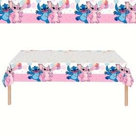 Resim Stitch & Angel Tek Kullanımlık Plastik Masa Örtüsü - Balonlar ve Pastel Detaylarla Renkli Karikatür Tasarımı, Doğum Günleri, Tatil Kutlamaları, Ev ve Piknik Dekoru için Mükemmel, Piknik Gereksinimleri | Eğlenceli Tasarım | Tek Kullanımlık Masa Örtüsü 
