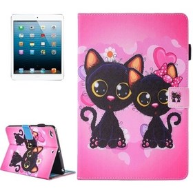 Resim iPad Uyumlu Mini 4/3/2/1 Boyama İki Kedi Desen Yatay Çevirme Deri Kılıf Tutucu Ve Cüzdan Ve Kart Yuvaları Ve Kalem Yuvası İle 