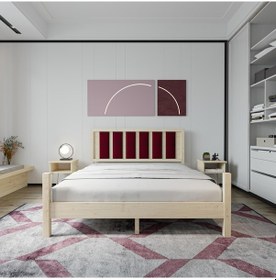 Resim Orion Model Bordo Puflu Başlıklı Doğal Çam Ahşap Karyola-71 150 x 200 CM 