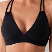 Resim Kadınların Yüksek Esneklikli Düz Siyah Bikini Üstü - Dikişsiz, Dolgusuz, Yırtmaçlı Dokusu, Ayarlanabilir Askılar, Plaj ve Havuz için Rahat Uygunluk 