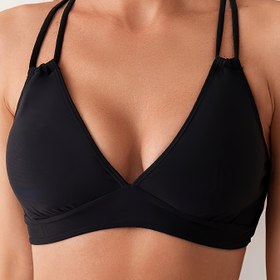 Resim Kadınların Yüksek Esneklikli Düz Siyah Bikini Üstü - Dikişsiz, Dolgusuz, Yırtmaçlı Dokusu, Ayarlanabilir Askılar, Plaj ve Havuz için Rahat Uygunluk 