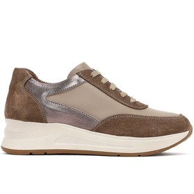 Resim Derimod Kadın Vizon Bağcıklı Dolgu Topuklu Deri Sneaker 25AFD412714 