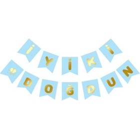 Resim Beysüs Mavi Üstüne Gold Altın Yaldızlı İyiki Doğdun Yazılı Karton İpli Yazı Banner 