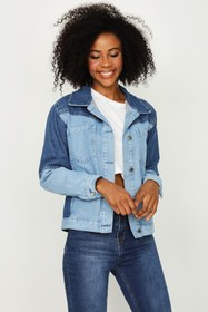 Resim Select Moda Kadın Mavi Renk Bloklu Denim Ceket 