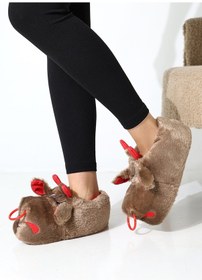 Resim Hayvanlı B20 Boğa Modelli Kışlık Kadın Erkek Panduf Ev Içi Sessiz Taban Panduf Kahve 