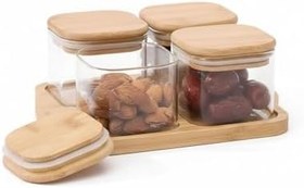 Resim Bambu Kapaklı Cam Kahvaltılık Seti | Ahşap Standlı | Şık Tezgah Üstü Baharat ve Kuruyemiş Düzenleyici Kavanoz (4'lü ve 6'lı Seçenek) (Bambu, 4'lü Set) 