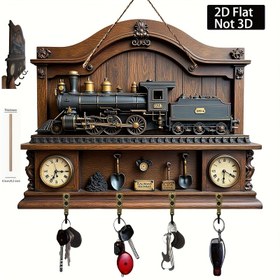 Resim 2D Düz Klasik Tren ve Ray Desenli Dekoratif Duvar Saati, Dört Metal Kancalı, Veranda, Oda, Villa için Uygun, 30.0 cm x 23.01 cm Çok Fonksiyonlu Ev Dekoru DIY Ahşap Anahtarlık, 2D Düz Tasarım Fikri, Noel Tatil Süsü, 2D Düz 