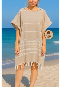 Resim %100 Pamuk Yetişkin Peştemal Panço Bornoz Plaj Havlusu Kahve 