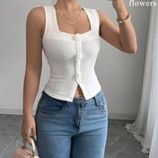 Resim Kadınların Zarif Yaz Crop Top'u, 3D Çiçek Tasarımı, Geniş Askılar, Kare Yaka - Şık Kolsuz Yelek, Günlük veya Dış Mekan Giyim için, Yaz Modası | Zarif Kolsuz Üst | Basit Zarafet 