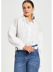 Resim Serpil Exclusive Kadın Nakış Detaylı Pamuk Gömlek Düğmeli, Uzun Kollu, %100 Cotton Beyaz 