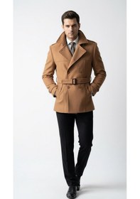 Resim Erkek Kemerli Trençkot Mont Kaşe Kumaş, Kapitone Astarlı, Çift Düğmeli Premium Tasarım Taba 