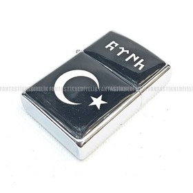 Resim Türk Bayrağı Göktürkçe Ftnh Türk Gümüş Renk Benzinli Çakmak 