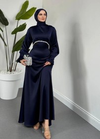 Resim Tesettür Diyarı Ahur Taşlı Kolları Fırfırlı Saten Tesettür Abiye- Lacivert 