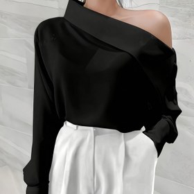 Resim Kadınların Zarif Omuzdan Asimetrik Yaka Bluz - Uzun Kollu, Düz Siyah, Yüksek Bel Beyaz Pantolon, Günlük veya Ofis Giyim için Mükemmel, Çok Yönlü Moda Parçası | Asimetrik Yaka | Pürüzsüz Dokuma 