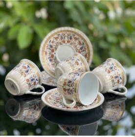 Resim 6 Kişilik Çini Desenli Altın Yaldızlı Porselen Çay Ve Kahve Fincanı Klasik Lüks Fincan Altın 