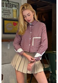 Resim Bordo Manşet Ve Cepleri Garnili Çizgili Oversize Crop Dokuma Gömlek Bc231036 Çok Renkli 