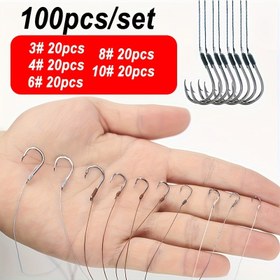 Resim 100 Adet/Set 3# 4# 6# 8# 10# Önceden Bağlı Balıkçılık Kancaları, PE İpli Yüksek Karbon Çelik Kanca, Tatlısu Balıkçılığı için Evrensel Boyut 