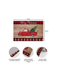 Resim Yılbaşı Araba Desenli Kırmızı Kapı Önü Paspası, Yılbaşı Kapı Paspası 45x70cm Kırmızı 