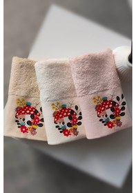 Resim 3'lü Mantar Baskılı Karışık Renkli Misafir Havlu Takımı - Bambu El & Yüz & Mutfak Havlusu - 30x50 Cm Krem Krem 