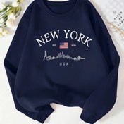 Resim Kadınlar İçin Lacivert New York City & Amerikan Bayrağı Desenli Sweatshirt - Günlük ve Seyahat Kıyafetleri için Makinede Yıkanabilir Sonbahar/Kış Kazak, Klasik Kadın Kazak, Spor Tarz, Yumuşak Kumaş, Uzun Kollu Üst, Moda Tutkunları, Trendy Giysi, Rahat Kumaşlı Baskılı Üst, Yetişkin Giyim 
