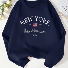 Resim Kadınlar İçin Lacivert New York City & Amerikan Bayrağı Desenli Sweatshirt - Günlük ve Seyahat Kıyafetleri için Makinede Yıkanabilir Sonbahar/Kış Kazak, Klasik Kadın Kazak, Spor Tarz, Yumuşak Kumaş, Uzun Kollu Üst, Moda Tutkunları, Trendy Giysi, Rahat Kumaşlı Baskılı Üst, Yetişkin Giyim 