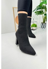 Resim Günlük Kadın Bot Yüksek Kalın Topuklu Triko Esnek Sivri Burunlu Tırtıklı Taban Rahat Bootie 168 Siyah 