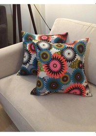 Resim Geometrik Çiçek Baskılı Pamuk Kumaş Krem Kırlent 45x45 Cm Ikili - 810 45 x 45 
