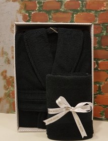 Resim Colourist Şalyaka Bornoz + Baş Havlusu - Siyah %100 Pamuk Siyah 