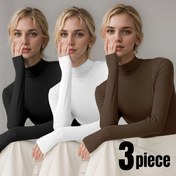 Resim 3 adet Kadın Termal İç Giyim ve Lingerie - Dar Kesim, Uzun Kollu, Mock Boyun, Düz Renk, Sonbahar ve Kış Konforu için Yüksek Esneklikli Polyester Karışımı | Zarif Stil | Mock Boyun Külot 