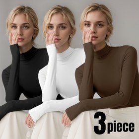 Resim 3 adet Kadın Termal İç Giyim ve Lingerie - Dar Kesim, Uzun Kollu, Mock Boyun, Düz Renk, Sonbahar ve Kış Konforu için Yüksek Esneklikli Polyester Karışımı | Zarif Stil | Mock Boyun Külot 