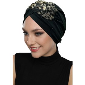 Resim Elysianfidan Kopma Astarlı Işlemeli Siyah Sırma Motifli Hazır Türban Tesettür Abiye Bone Siyah Sırma 