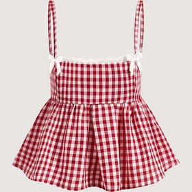 Resim Kadınlar için Kırmızı ve Beyaz Gingham Desenli Dantel Detaylı ve Fiyonklu Üst - Rahat Yaz Gezileri için Şık Kolsuz Volanlı Etek Tasarımı, Bahar Modası | Şık Kolsuz Üst | Dantel Detaylı Üst 