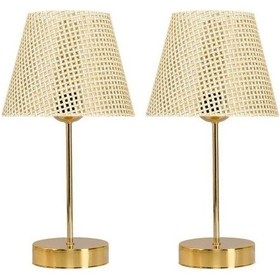 Resim Star Gold Ayaklı Abajur Rattan Hasır Başlık Yatak Odası Salon Masa Lambası 2 Adet Hasır 