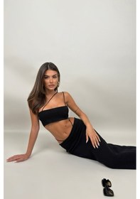 Resim İp Detay Dokulu Maxi Etek Siyah 