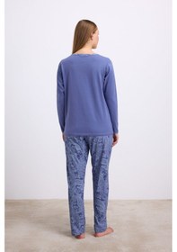 Resim Man11566-1085 Anil Ev Giyim Anıl Kadın Uzun Kollu T-shirt Ve Desenli Pantolon Pijama Takımı 11566 Çivit 