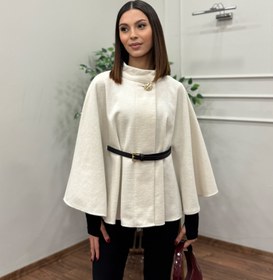 Resim Liya Kemerli Kaşe Beyaz Panço - L 