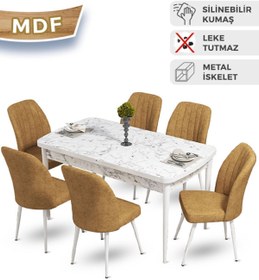 Resim Canisa Mun Serisi, 80x132 Açılabilir Mdf Masa Takımı, Beyaz Mermer Desen Masa , 6 Cappucino Sandalye 