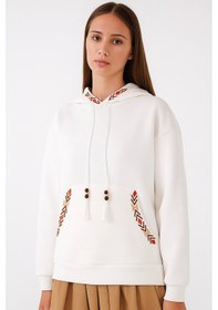 Resim Bigdart Kadın Kapşonlu Şardonlu Nakışlı Üç İplik Beyaz Kadın Sweatshirt Beyaz 