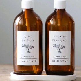 Resim JUNİBELİW 3lü Set Beyaz Etiket Beyaz Pompa Amber Cam Şişe Bulaşık Deterjanlık Sıvı Sabunluk 2X500ML+ Beyaz Altlık 