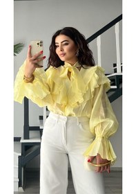 Resim Sarı Fırfırlı Fular Detaylı Gömlek Sarı 