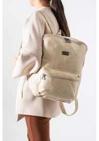 Resim Yıkama S. Deri Kadın Sırt Çantası Vegan Deri Bayan Sırt Çantası 30 20 Cm Yumuşak Doku Çok Cepli Bej 